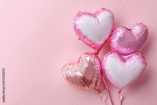 Heart shaped balloon. White silver and pink colored party balloons on a pastel background. Glossy, shiny foil balloons. Good for anniversary wedding, celebration birthday. Happy St. Valentine's day.