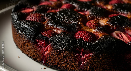 Delicious dark baked strawberry cake dessert with caramelized crust on white plate