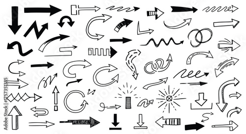 Vector illustration of assortment of handdrawn arrow icons indicating direction and movement