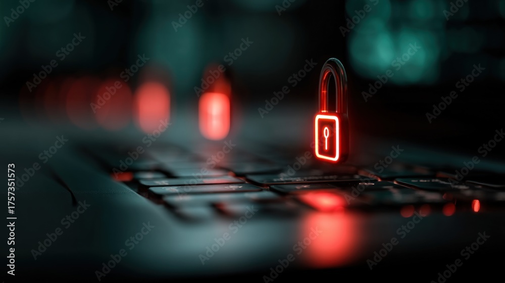 Fototapeta premium A glowing red padlock sits on a dark keyboard, symbolizing cybersecurity and digital protection in a modern technological environment.