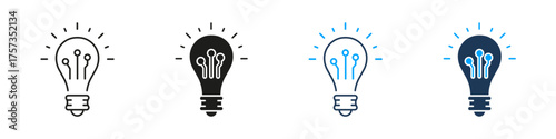 Creative Light Bulb Idea Inspiration Line and Solid Icon Set. Innovation Lamp Electricity Energy Technology Concept Symbol Collection. Isolated Vector Illustration