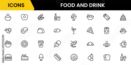 Food and Diet, Healthy Food, and Detox Diet Vector Icons. Contains such Icons as Metabolism, Caunt Calories, Palm oil free, Zero trans fat, Probiotics, and more. Simple Outline icons collection.
