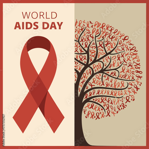 Vector art of world aids day with red ribbon and tree made of ribbons symbolizing world aids day awareness and hope