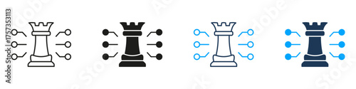 Strategic Chess Rook Tower Technology Line and Solid Icon Set. Artificial Intelligence Leadership Digital Innovation Symbol Collection. Isolated Vector Illustration