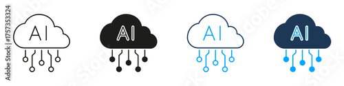 Cloud AI Data Storage Technology Line and Solid Icon Set. Artificial Intelligence Computing Digital Network Symbol Collection. Isolated Vector Illustration
