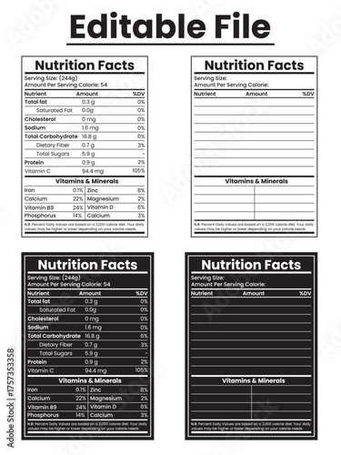 Nutrition Facts Label Set Close Up with Calcium Vitamin and Phosphorus Information Displayed Neatly in Black and White