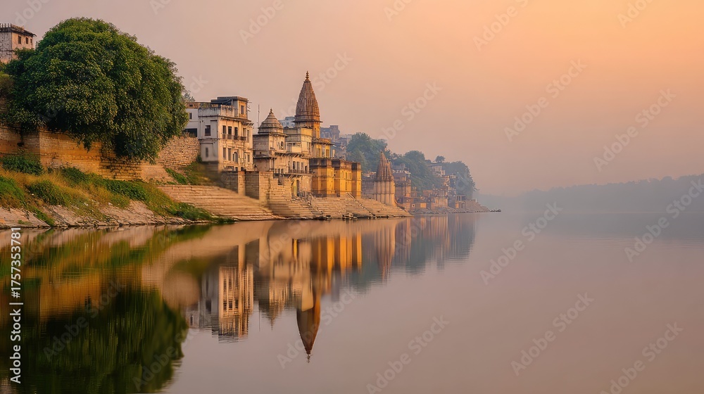 Obraz premium Scenic view of ancient architecture along riverbank during sunrise with serene reflections, displaying the beauty of historical structures and nature's tranquility.
