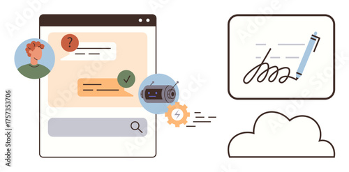 Chat interface with user query icons, voice assistant gear, cloud storage, and digital signature. Ideal for technology, automation, productivity, collaboration, communication remote work
