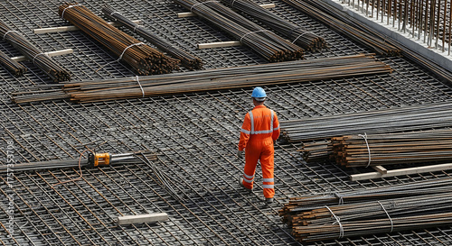 Construction worker on steel reinforcement mesh with rebar bundles for concrete pouring foundation