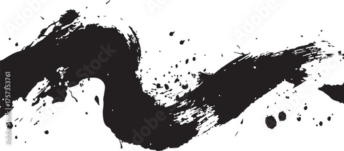 Abstract black ink brushstroke with splatter on white background, dynamic serpentine shape with expressive texture.