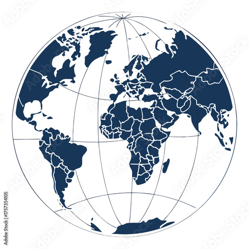 Blue world map with globe illustration on white background