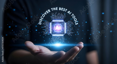 Hand presenting holographic AI processor cube with glowing circuits and “discover the best AI tools” ring, innovation and technology concept