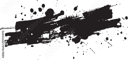 Abstract black ink brushstroke with splatter on white background, dynamic serpentine shape with expressive texture.