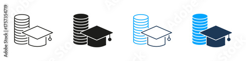 Graduation Cap And Coins Line And Solid Icon Set. Education Funding, Scholarship, And Financial Aid Symbol Collection. Academic Investment And Tuition Savings. Isolated Vector Illustration