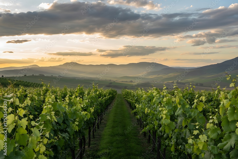 Fototapeta premium Vibrant vineyard stretches towards rolling hills under a dramatic sunset sky