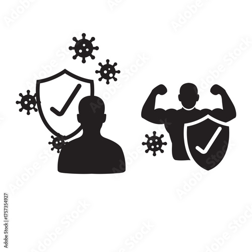 Immunity shield icon. person, shield and virus elements, immune defense idea.