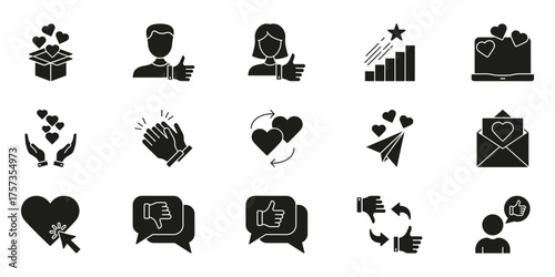 Love And Appreciation Silhouette Icon Set. Relationship Building, Positive Feedback, And Communication Symbol Collection. Hearts, Thumbs Up, And Messaging Elements. Isolated Vector Illustration