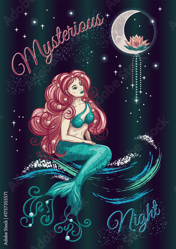 Poster with mermaid with curly red hair, dreamy expression, sitting on sea wave and gazing on magic crescent with lotus. Night with falling and shining stars. Sense of fantasy and marine enchantment