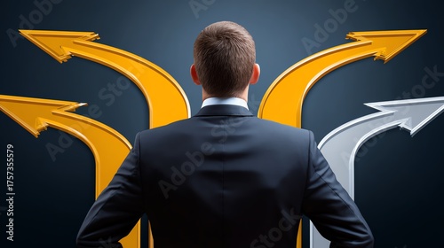 A businessman stands facing multiple directional arrows, symbolizing choices and decision-making in a professional environment. Ideal for concepts of leadership and guidance.