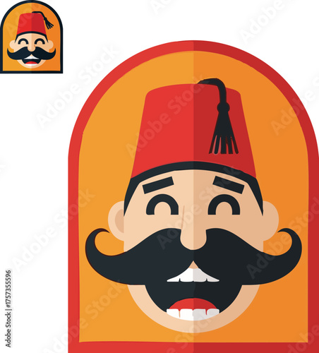 Cheerful turkish man with fez and mustache in a colorful flat vector design