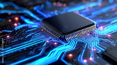 A close-up view of a microchip embedded in a colorful, illuminated circuit board, showcasing intricate electronic pathways and technological advancements.