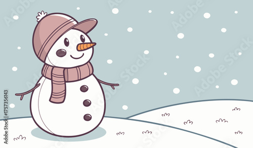 Little snowman in a cap and a scarf on snow in the winter. Christmas card with a lovely snowman, copy space