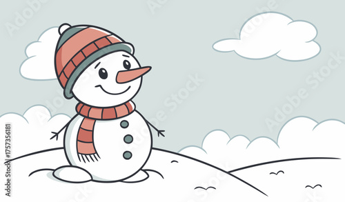 Little snowman in a cap and a scarf on snow in the winter. Christmas card with a lovely snowman, copy space