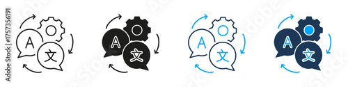 Language Translation And Automation Line And Solid Icon Set. Multilingual Communication And Machine Translation Symbol Collection. Global Connectivity And Technology. Isolated Vector Illustration