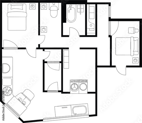 Two-bedroom apartment plan, residential layout, vector illustration, CAD drawing, flat style, kitchen, bathroom, living room, laundry, entrance