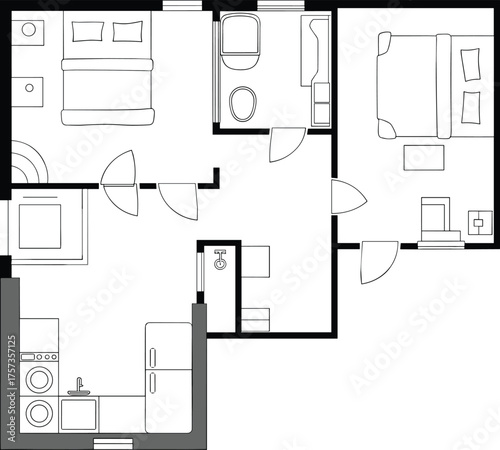 Two-bedroom apartment plan, residential layout, vector illustration, CAD drawing, flat style, kitchen, bathroom, dining area, hallway, entrance