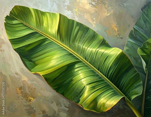 A vibrant, detailed painting of large, glossy green banana leaves