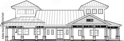 Architectural elevation drawing, front view, vector illustration, CAD style, symmetrical building, twin towers, porch, columns, windows, roof