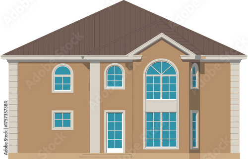 Residential house elevation, front view, vector illustration, CAD drawing, flat style, arched windows, columns, entrance, gable roof, facade