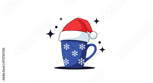 Festive blue snowflake mug adorned with a Santa hat and sparkling stars. It represents a cozy winter drink.