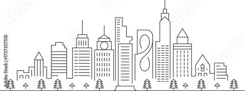 City skyline illustration, stylized line art, vector drawing, CAD style, skyscrapers, buildings, trees, geometric design, minimalist architecture