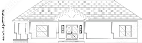 Single-story house elevation, front view, vector illustration, CAD drawing, flat style, columns, porch, windows, hipped roof, entrance