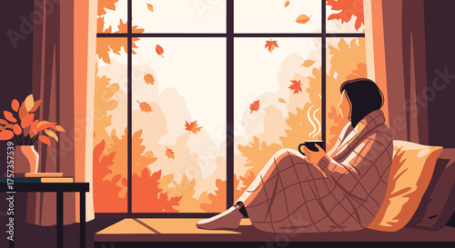 A cozy person wrapped in a blanket enjoys a hot drink while watching autumn leaves fall outside the window.