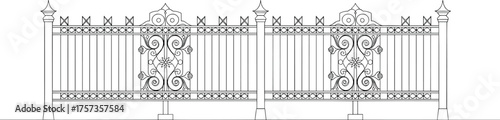Wrought iron fence design, vector illustration, CAD drawing, ornamental metalwork, scrollwork, floral motifs, finials, posts, symmetrical layout