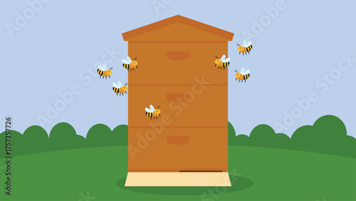 Bee hive with bees flying in the garden. Apiary. Vector illustration