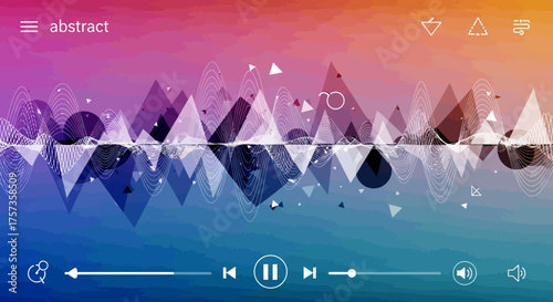 A modern digital music player interface concept displaying a vibrant abstract soundwave visualization with geometric shapes and reflections on a colorful gradient