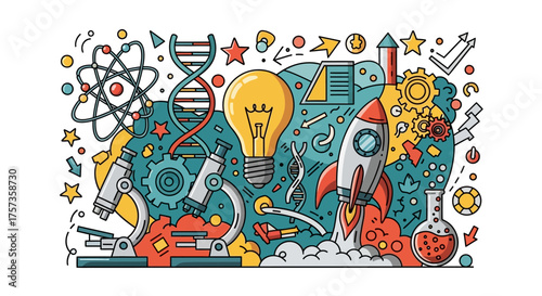 Abstract representation of scientific and technological innovation, showcasing research, discovery, and futuristic concepts
