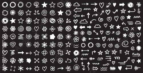 Collection of hand drawn white doodle icons and symbols on a black background including arrows stars hearts and abstract shapes