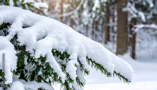 Close-up of lush evergreen branches heavily laden with fresh, sparkling white snow, highlighting the serene and crisp beauty of a cold winter forest landscape