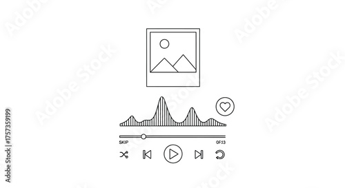 Line art illustration of a digital media player interface with audio waveform, playback controls, and content display. Represents modern interactive entertainment technology