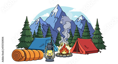 Vibrant illustration of a mountain campsite with tents, campfire, sleeping bag, and lantern