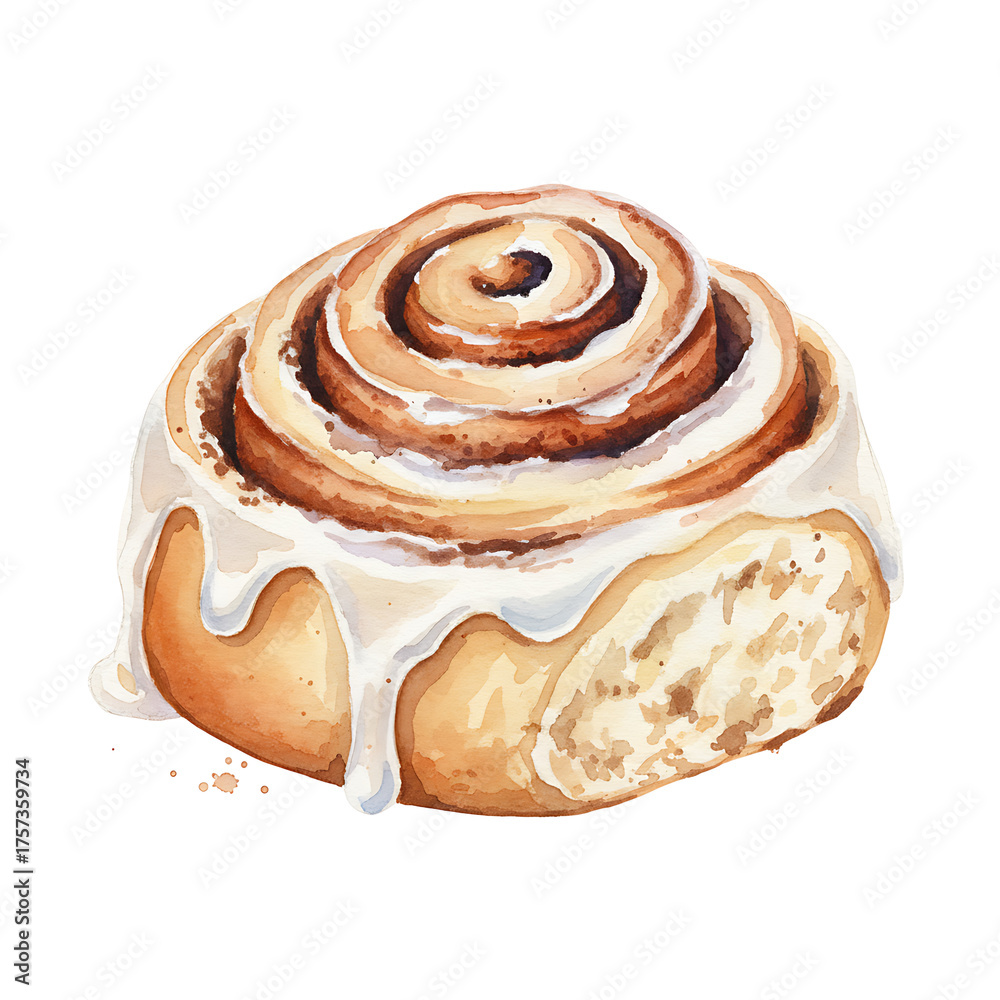 Fototapeta premium Watercolor painting of a cinnamon roll with white icing.