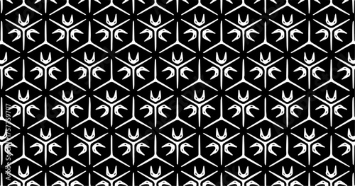Abstract black and white diamond pattern with small floral-like motifs creating a balanced design.