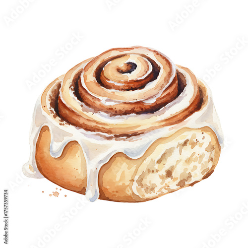 Watercolor painting of a cinnamon roll with white icing.