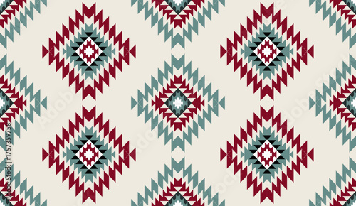 Seamless geometric ethnic pattern inspired by Native American tribal fabric. Traditional Aztec and Navajo style carpet and tile vector design on navy  background. Perfect for textile, wrapping,
