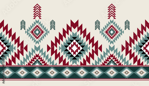 Seamless geometric ethnic pattern inspired by Native American tribal fabric. Traditional Aztec and Navajo style carpet and tile vector design on navy  background. Perfect for textile, wrapping,